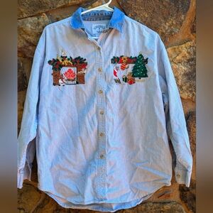 Vintage Christmas embroidered button up